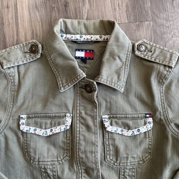 Vintage Y2K Tommy Hilfiger Olive Green Military Jacket Floral Women’s Size S - Picture 3 of 8